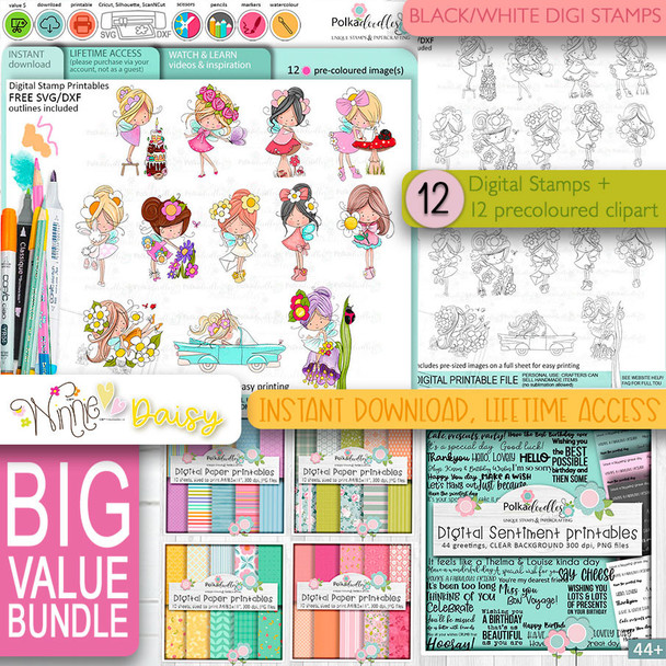 Winnie Daisy Fairy 2 Big Kahuna printable digital stamp bundle - colouring card making crafts scrapbooking sticker with SVG print and cut outline