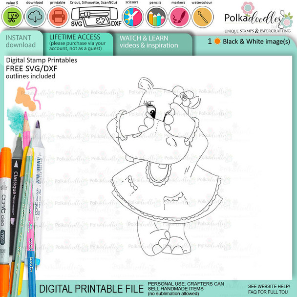 Hello peek a boo cute Helga Hippo printable digital stamp - card making crafts scrapbooking sticker with SVG print and cut outline