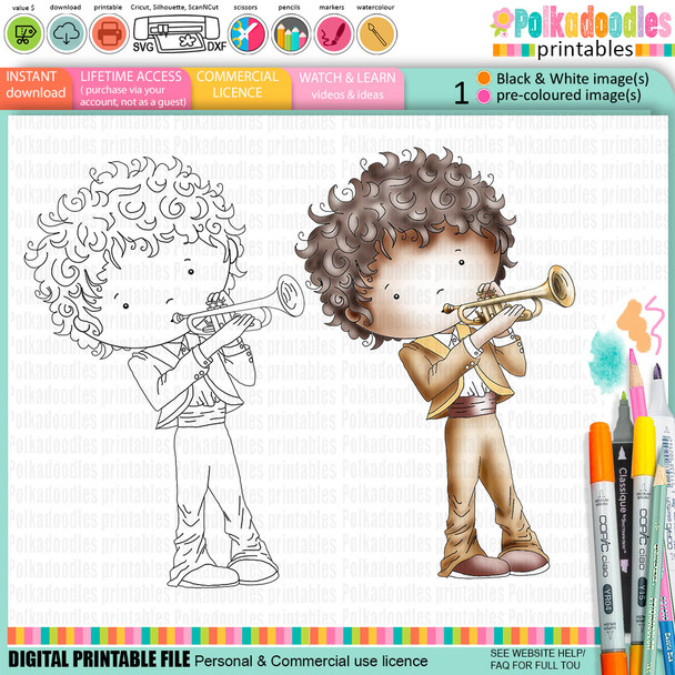 Trumpet Music Character Digital Stamp – Work & Play 8 Music Collection for card making, scrapbooking & printable crafts.