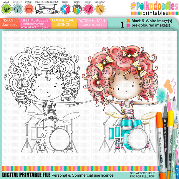 Drummer Girl Music Character Digital Stamp – Work & Play 8 Music Collection