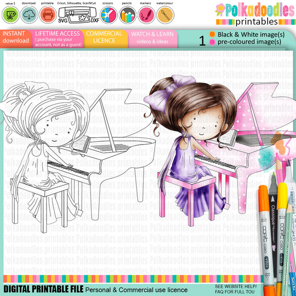 Piano Girl Lady Music Character digital stamp & precoloured clipart from Polkadoodles Work & Play 8 Music collection - for music-themed card making, scrapbooking & printable crafts.