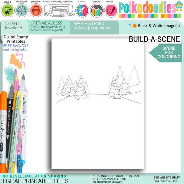 Colouring scene Snowy tree hill for card making, craft, scrapbook, junk journals