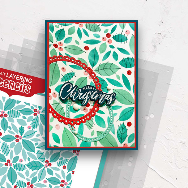 Christmas Vintage Poinsettia Wreath craft stamps, outline dies and layering stencil bundle for crafts and card making