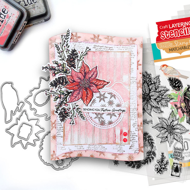 Christmas Vintage Poinsettia Wreath craft stamps, outline dies and layering stencil bundle for crafts and card making