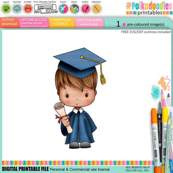 Cute Boy Blue gown Graduation school student clipart for Card Making, Scrapbooking and Junk Journaling