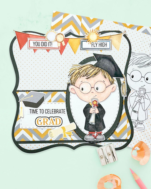 Cute Boy wearing spectacles glasses Blue gown Graduation school student clipart for Card Making, Scrapbooking and Junk Journaling