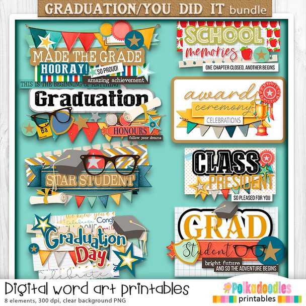 Graduation school student word art quotes - Digital Stamp and Printable Clipart Pack for Card Making, Scrapbooking and Junk Journaling.