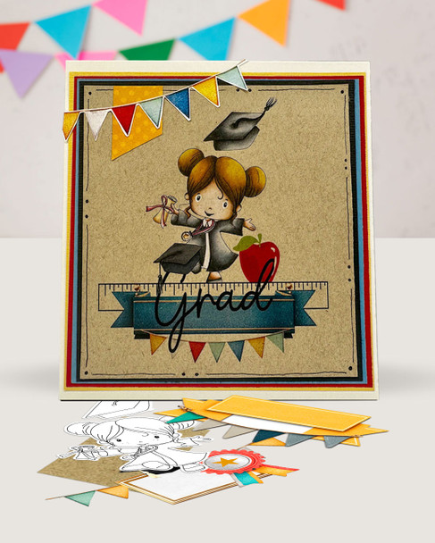 Cute Girl Grey gown 2 Graduation school student clipart for Card Making, Scrapbooking and Junk Journaling