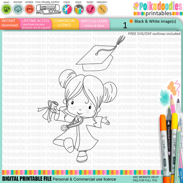 Cute girl in gown Graduation school student digital stamp for Card Making, Scrapbooking and Junk Journaling