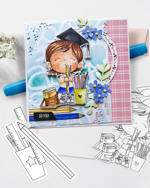 Cute Girl with stationery pens pencils Graduation school student clipart for Card Making, Scrapbooking and Junk Journaling