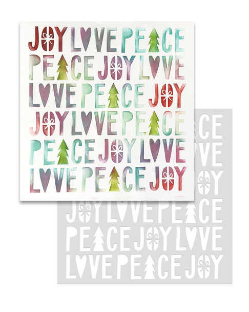 Peace Love Joy 8 x 8" Emboss-ink Stencil - card making, crafts, scrapbooking.