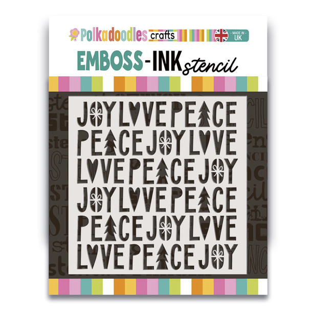 Peace Love Joy 8 x 8" Emboss-ink Stencil - card making, crafts, scrapbooking.
