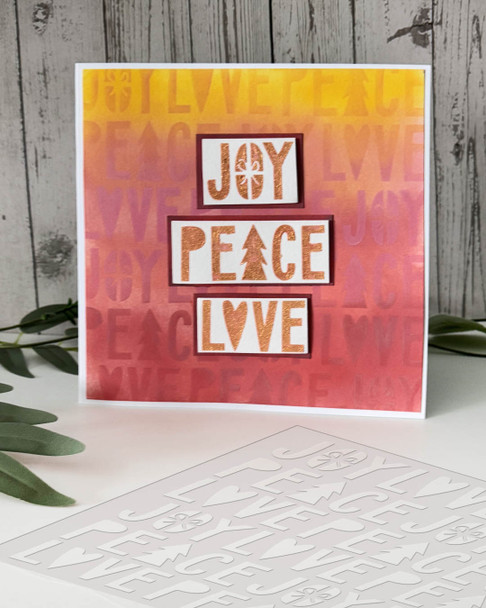 Peace Love Joy 8 x 8" Emboss-ink Stencil - card making, crafts, scrapbooking.