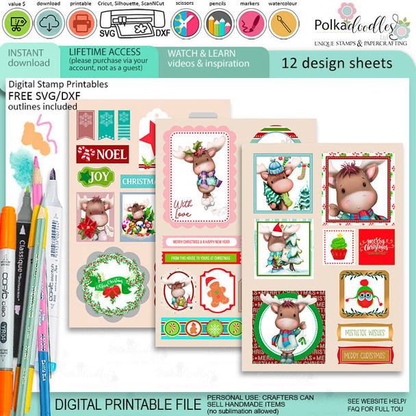 Elvis Wesley Moose - Limited Edition printable USB collection for card making and crafts, cute printable stamps, clipart printable planner sticker