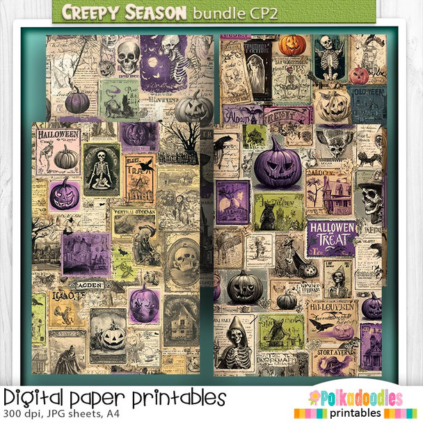 Creepy Autumn Halloween 4 collage sheets 2 - digital printable papers Halloween Fall - Card Making, Scrapbooking, Junk Journal, svg, stickers