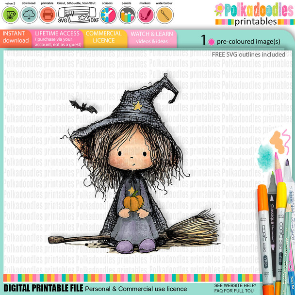Witch with Broomstick -cute digital colour clipart craft digital stamp Halloween Fall Autumn Witches with Broomsticks - Card Making, Scrapbooking, Junk Journal, svg, stickers.