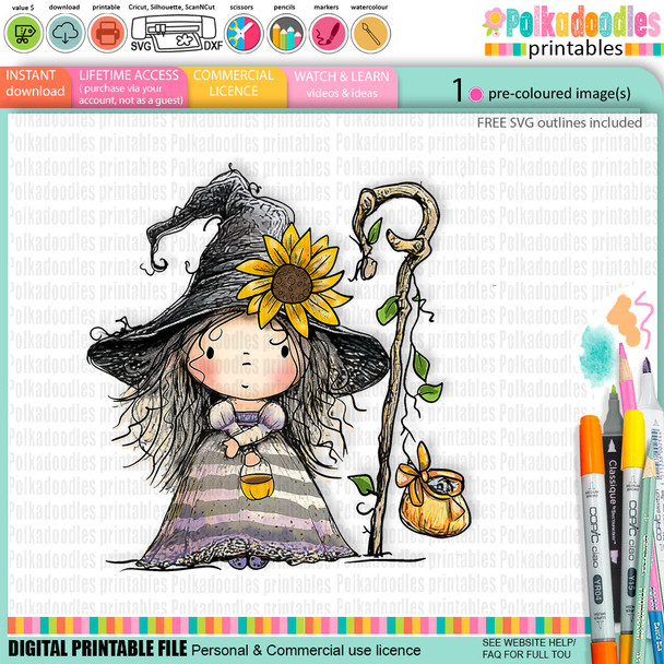 Witch with Sunflower hat - cute digital colour clipart craft digital stamp Halloween Fall Autumn Witches with Broomsticks - Card Making, Scrapbooking, Junk Journal, svg, stickers.