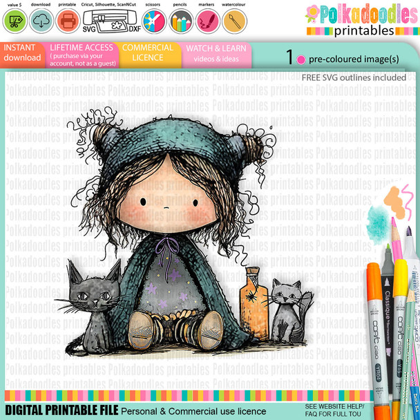 Witch with 2 cats -cute digital colour clipart craft digital stamp Halloween Fall Autumn Witches with Broomsticks - Card Making, Scrapbooking, Junk Journal, svg, stickers.