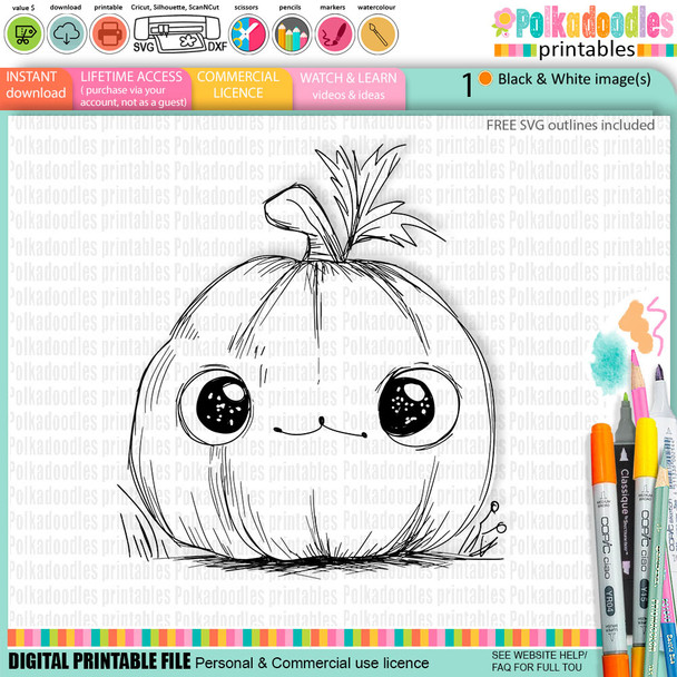 Happy Pumpkin - cute craft digital stamp Halloween Fall Autumn Witches with Broomsticks - Card Making, Scrapbooking, Junk Journal, svg, stickers.