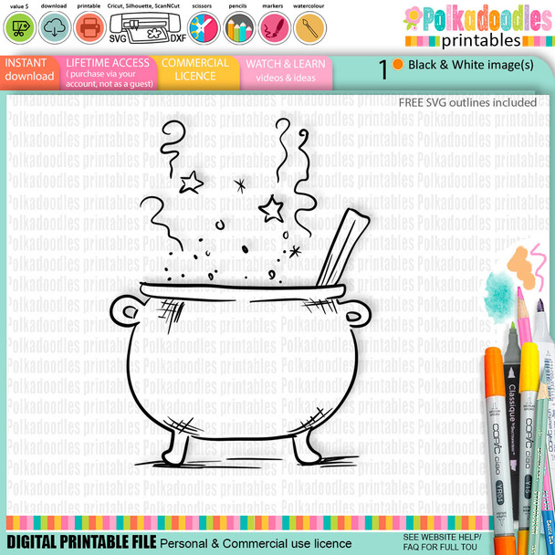 Witch Cauldron - cute craft digital stamp Halloween Fall Autumn Witches with Broomsticks - Card Making, Scrapbooking, Junk Journal, svg, stickers.