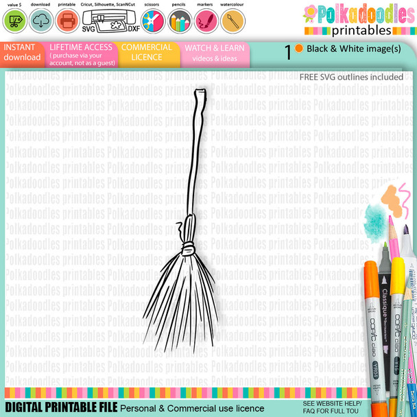 Broomstick - cute craft digital stamp Halloween Fall Autumn Witches with Broomsticks - Card Making, Scrapbooking, Junk Journal, svg, stickers.