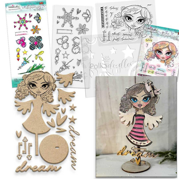 Believe in Angels Forever Angel – 3D Mixed Media Craft kit - Stamps, stencil & MDF BUNDLE, craft kit with angel figure, stamps, stencil sheets, and wooden embellishments for DIY decorative art projects.