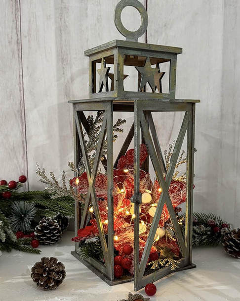 MDF Large Star Lantern MDF wood blank Craft Kit – Christmas Holiday Home Décor crafts, decorated with lights and festive ornaments.