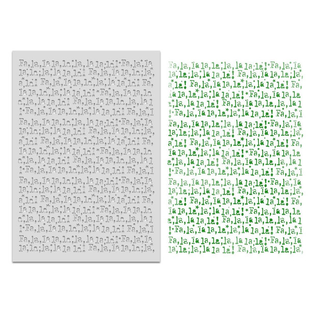 Frosted Christmas Falala text 6 x 8" Emboss-ink Stencil, Christmas-themed craft stencil featuring embossed 'Falalalala' text in gray and green color for card making, crafts, and scrapbooking.