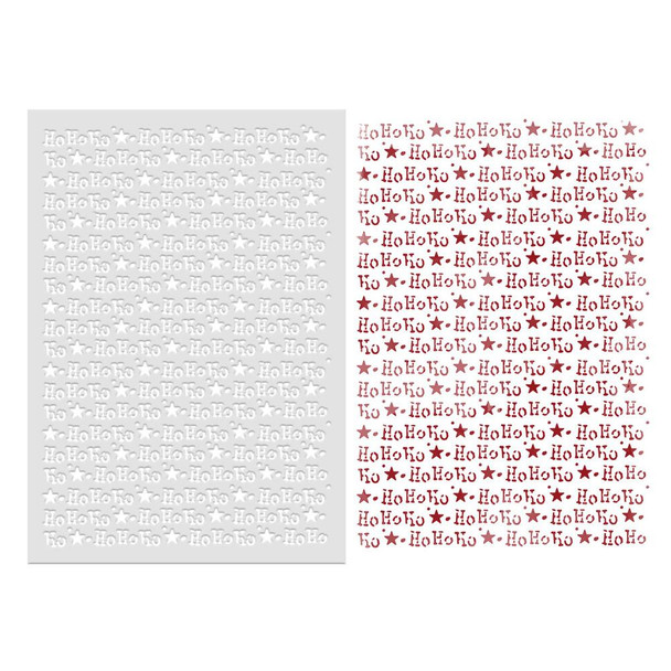 Frosted Christmas Hohoho text 6 x 8-inch Emboss-Ink Stencil for card making, crafts, scrapbooking, featuring embossed 'HoHoHo' with star designs in white and red colors.