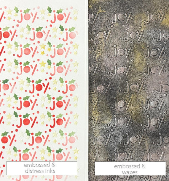 Frosted Christmas Joy 3pc Layering Stencil, a 5x8 inch emboss-ink stencil for card making, crafts, and scrapbooking, featuring holiday-themed designs with embossed and distressed inks.