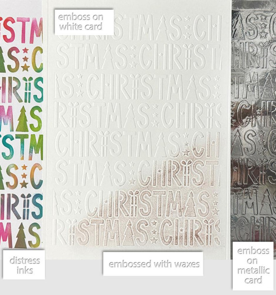 Frosted Christmas Christmas Block Text 6 x 8 Emboss-ink Stencil for card making, crafts, scrapbooking, embossed with waxes, on metallic and white cards.