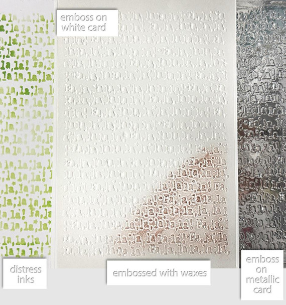 Frosted Christmas Text Pattern Stencil Bundle, embossing flourishes on white and metallic cards, with distressed inks, suitable for card making, crafts, and scrapbooking.