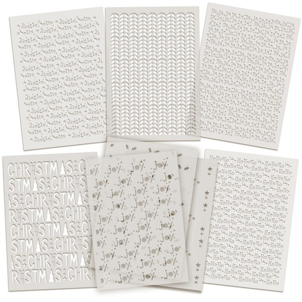 Frosted Christmas Text Pattern Stencil Bundle, 9 x A5/6 x 8 inch emboss ink stencils for card making, crafts, and scrapbooking, featuring festive greetings and holiday designs.