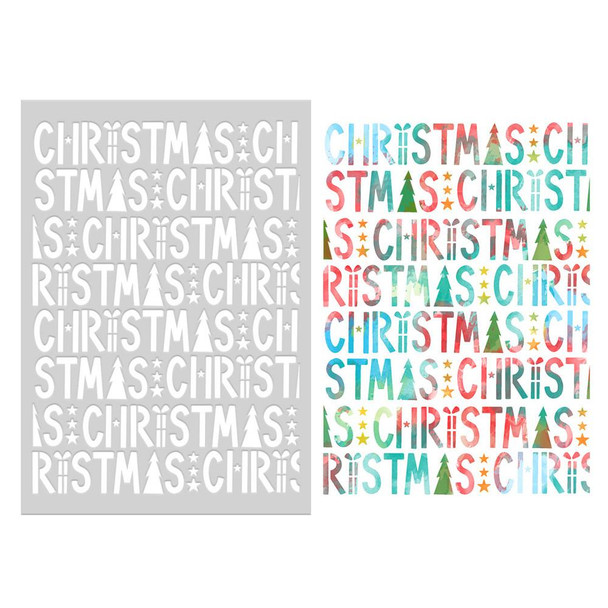 Frosted Christmas Text Pattern Stencil Bundle, stack of colorful and embossed Christmas-themed stencil sheets for card making, crafts, and scrapbooking.