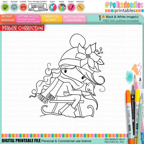 Mabel Sleigh ride with a bird Christmas holiday black and white digi stamp - for Card Making, Scrapbooking, Junk Journal, svg, craft stickers & planners.