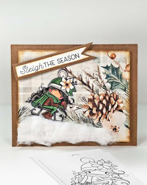 Mabel Sleigh ride with a bird Christmas holiday black and white digi stamp - for Card Making, Scrapbooking, Junk Journal, svg, craft stickers & planners.