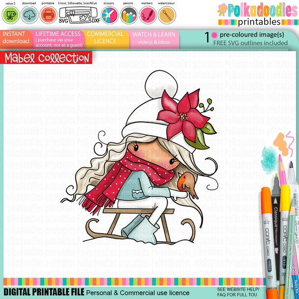 Mabel Sleigh ride with a bird Christmas holiday precoloured clipart digital stamp - for Card Making, Scrapbooking, Junk Journal, svg, craft stickers & planners.