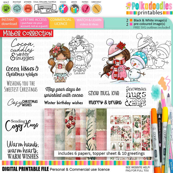 Mabel Snowman Friends Christmas Holiday printable bundle - for Card Making, Scrapbooking, Junk Journal, svg, craft stickers & planners.