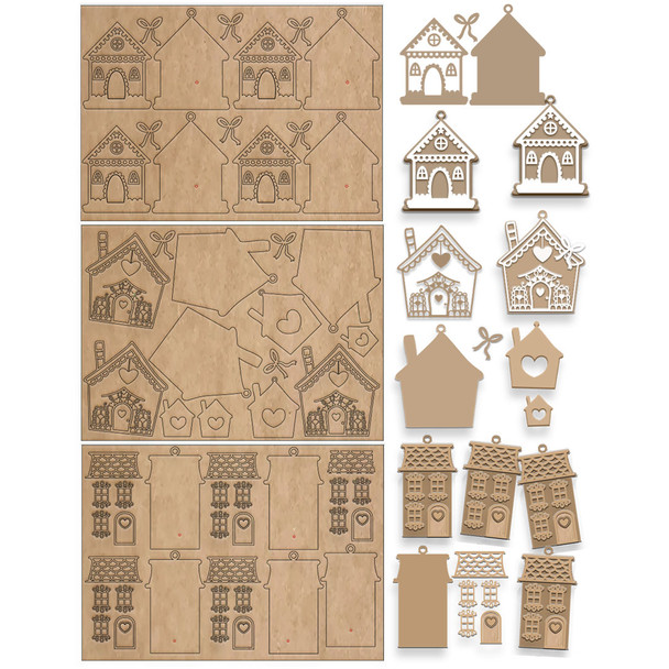 Gingerbread House bauble pack (14) - Wood Blank Craft Kit, Home Décor