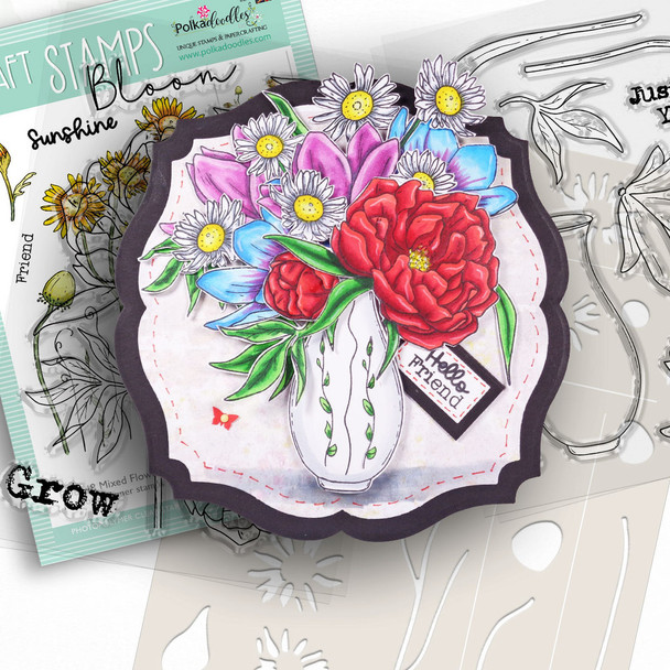 Mixed Flowers mega bundle - clear Stamps, Stencils,  Switchables, Chipboard card making craft bundle