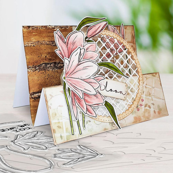 Mixed Flowers mega bundle - clear Stamps, Stencils, Switchables, Chipboard card making craft bundle, with hand-colored floral paper craft card featuring pink lilies and decorative elements.