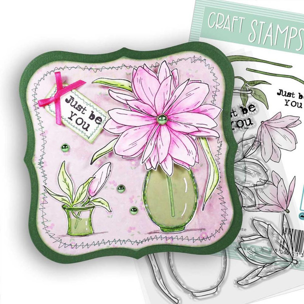 Mixed Flowers mega bundle - clear Stamps, Stencils, Switchables, Chipboard card making craft bundle, featuring a handcrafted floral card with a pink flower in a green vase and craft stamping supplies.