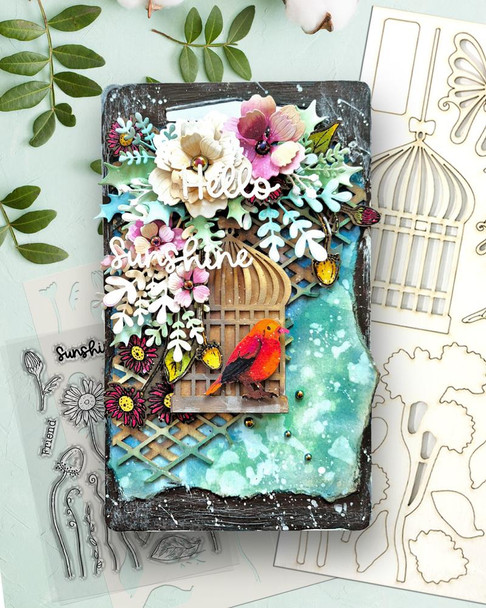 Mixed Flowers mega bundle - clear stamps, stencils, Switchables, chipboard card making craft bundle, colorful floral and bird-themed mixed media craft project with layered die cuts and watercolor background.