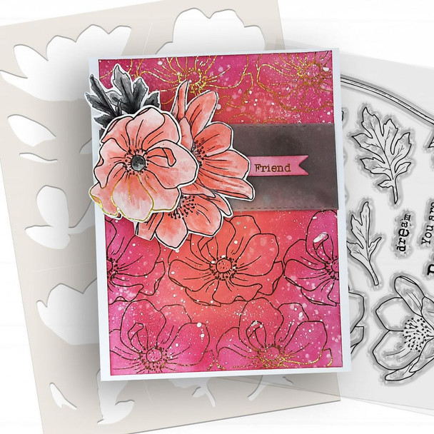 Mixed Flowers mega bundle - clear Stamps, Stencils, Switchables, Chipboard card making craft bundle, floral design with pink and gold accents used in card crafting.