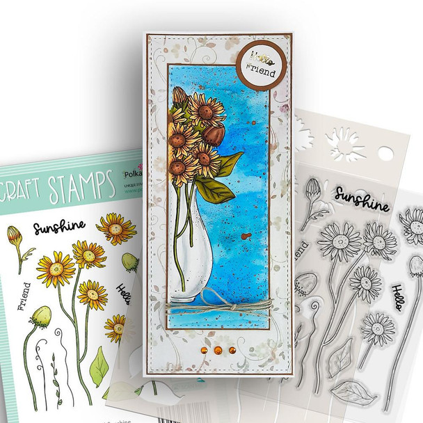 Mixed Flowers mega bundle - clear Stamps, Stencils, Switchables, Chipboard card making craft bundle, image of a handmade greeting card decorated with floral stamps and stencils.