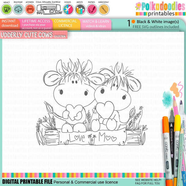 Udderly Cute Love Moo - Udderly Cute cow Valentine's romance love friendship digital stamp printable, featuring two adorable cows holding hearts, sitting on a wooden sign with 'Love' and 'Moo' written on it, surrounded by flowers and grass, designed for card making, scrapbooking, junk journaling, SVG, craft stickers, and planners.