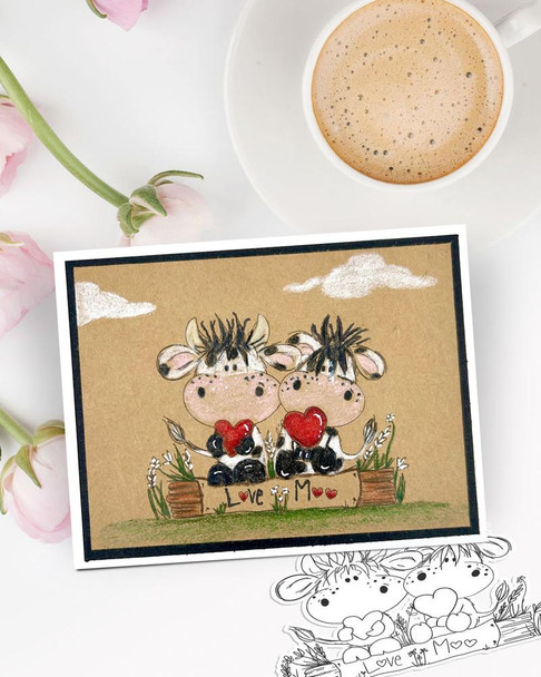 Udderly Cute Love Moo - Udderly Cute cow valentine's romance love friendship digital stamp printable for Card Making, Scrapbooking, Junk Journal, svg, craft stickers & planners, adorable cartoon cows holding hearts with flowers and clouds in the background.