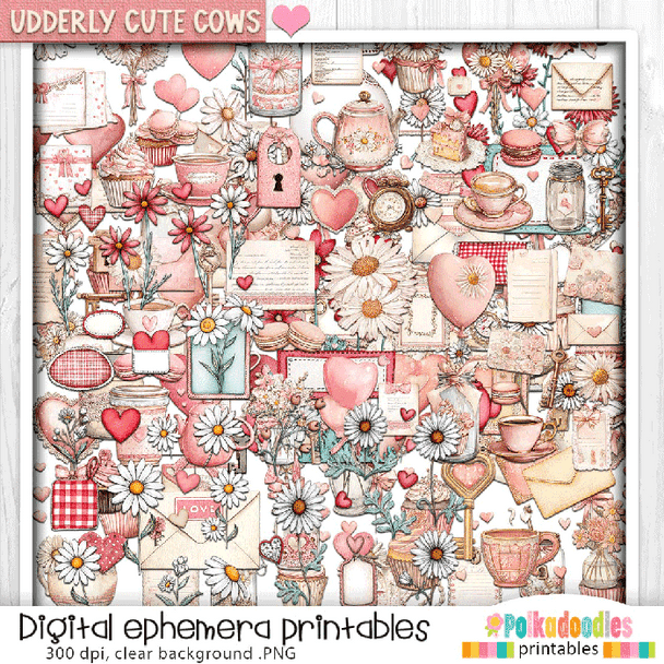 Udderly Cute Cows Love and Friendship BIG KAHUNA Printable Clipart Bundle – 500 Elements, a colorful collection of digital clipart with flowers, hearts, teapots, teacups, envelopes, and other charming items in pastel pinks and whites.