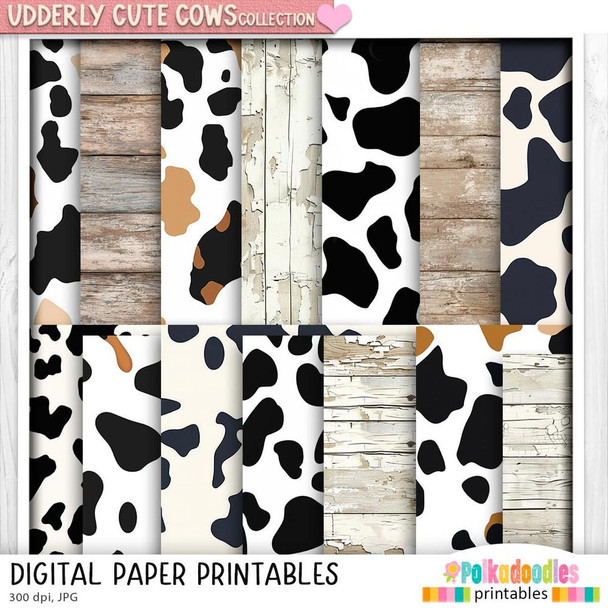 Udderly Cute Cows Love and Friendship BIG KAHUNA Printable Clipart Bundle – 500 Elements, digital paper printables featuring cow print patterns with black and white, brown, and rustic wood textures.