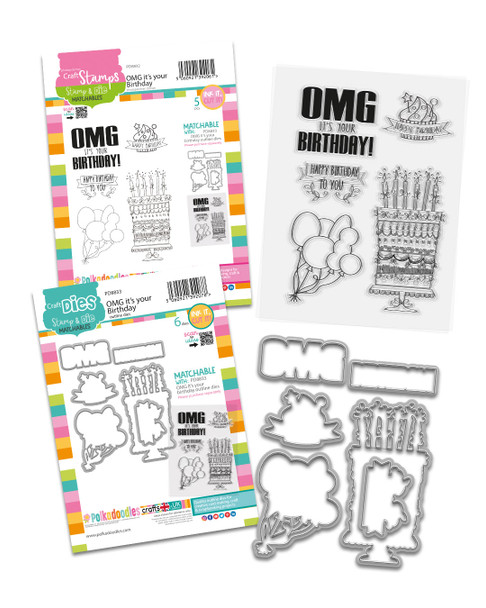 OMG Birthday Matchables Stamps & Outline dies bundle A6/4x6" - Card making, craft supplies, scrapbooking